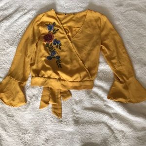Yellow wrap shirt with flower embroidery